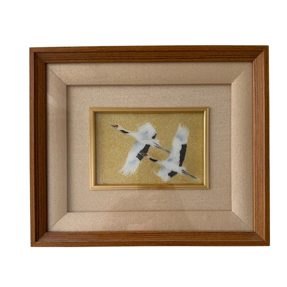Japanese Style Ceramic Porcelain Plaque Art 3D Framed Stamped Cranes In Flight
